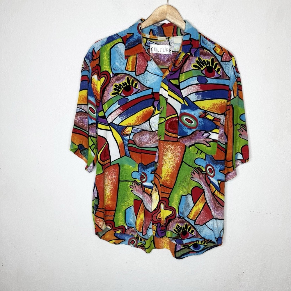 Vintage Culture Abstract Art Faces Eyes Short Sleeve Button Up Shirt Mens Small